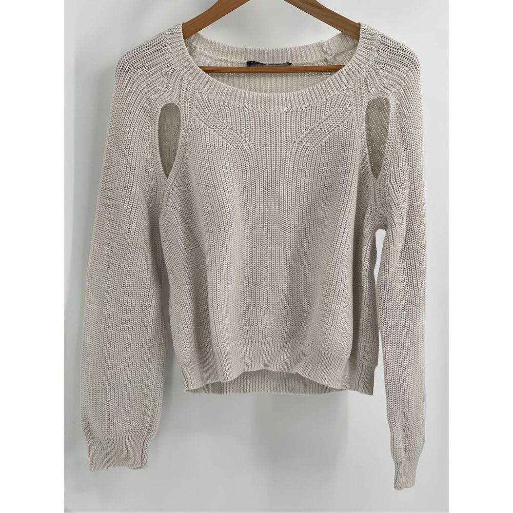 Alex + Alex Sweater Women Medium White Light Gray Long Sleeve Should Cut‎ Out